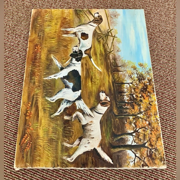 Mid Century Vintage Acrylic on Canvas 3 Dogs Hunting in Field Painting - Picture 11 of 13